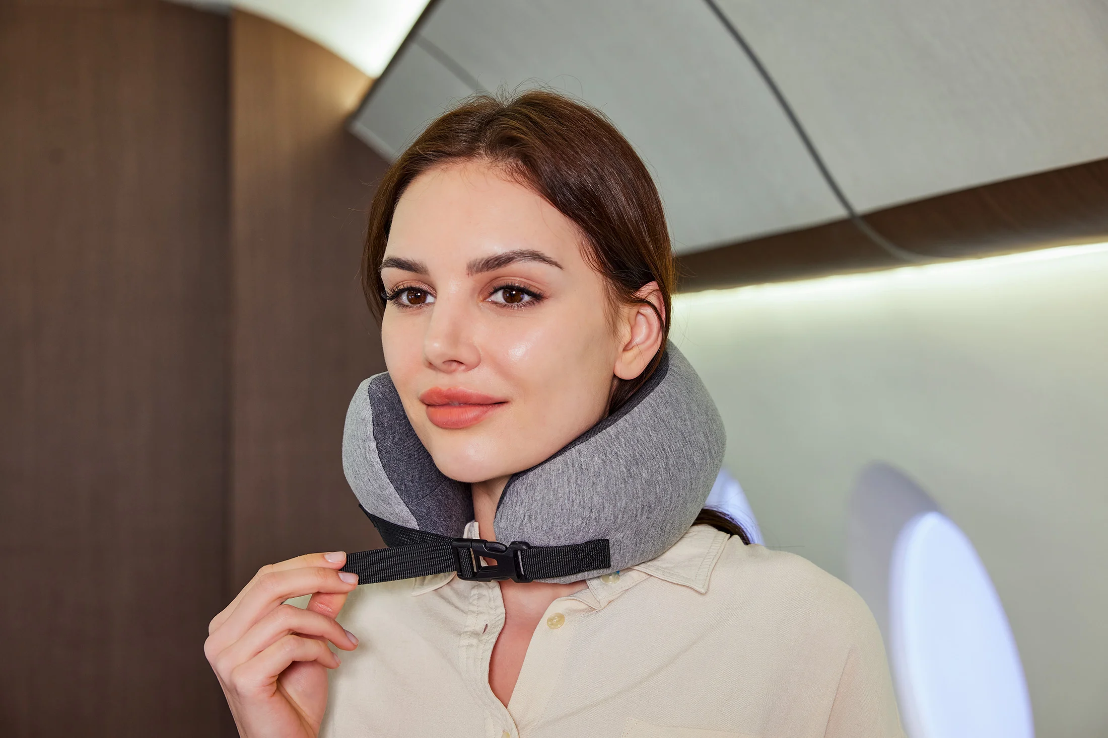 Lifestyle product photography for premium travel neck pillow