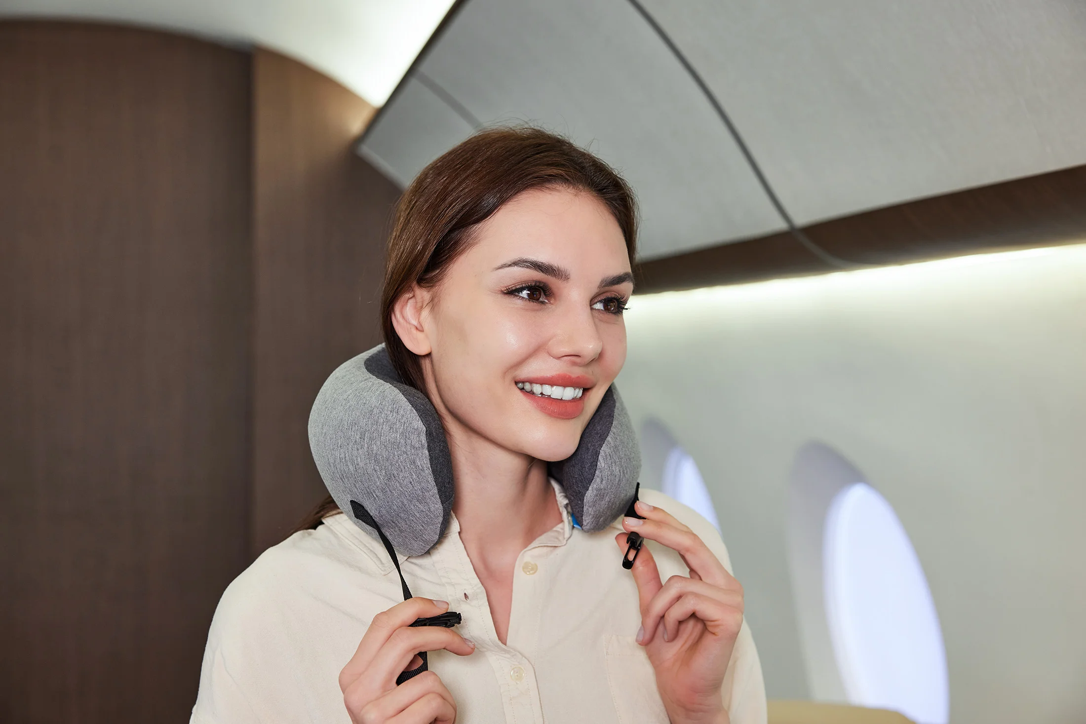 Lifestyle product photography for premium travel neck pillow